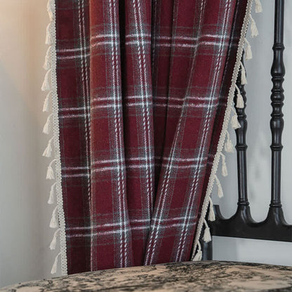 Ownkoti Vintage Style Burgundy Plaid Tassel Curtain - image 9