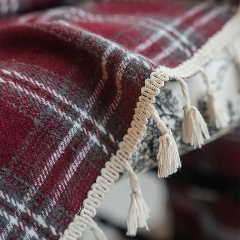 Ownkoti Vintage Style Burgundy Plaid Tassel Curtain - image 12