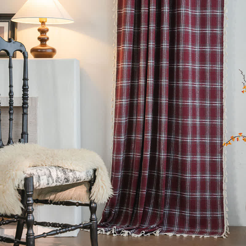 Ownkoti Vintage Style Burgundy Plaid Tassel Curtain - image 1