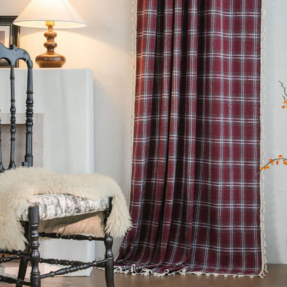 Ownkoti Vintage Style Burgundy Plaid Tassel Curtain - image 1