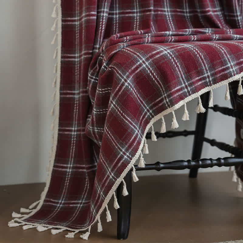 Ownkoti Vintage Style Burgundy Plaid Tassel Curtain - image 10