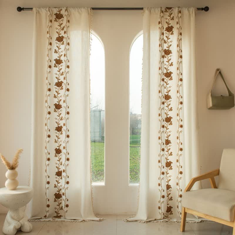 Ownkoti Rose Floral Vine Tassel Curtain - Coffee - Grommet - 59" x 110" - image 4