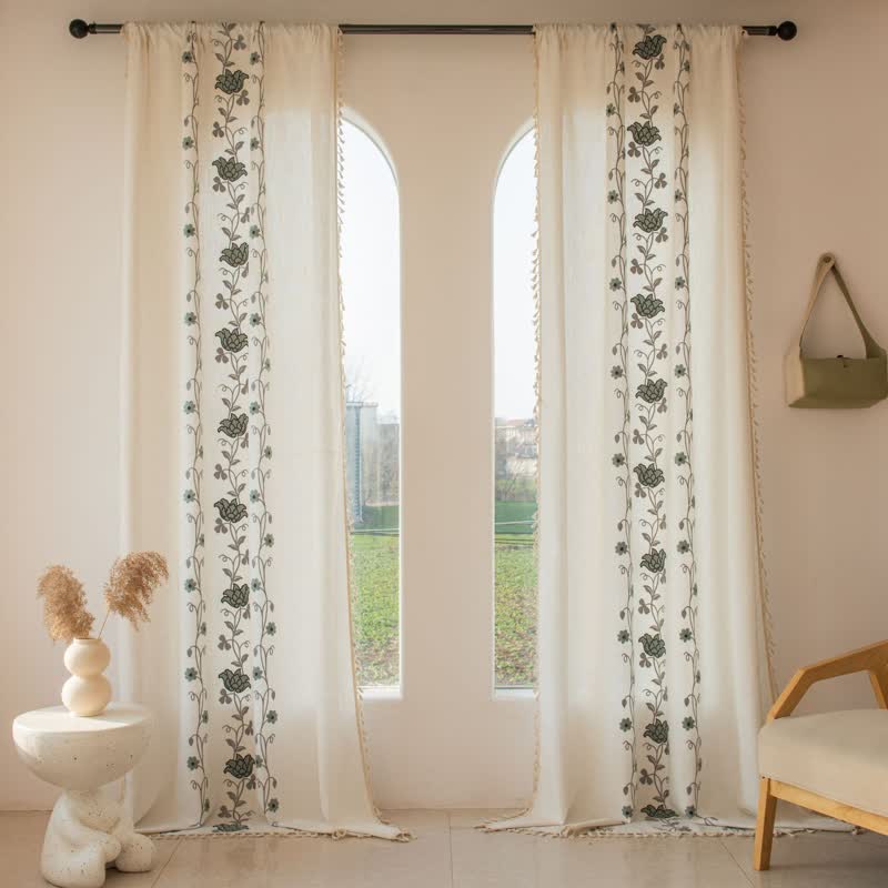 Ownkoti Rose Floral Vine Tassel Curtain - Grey - Grommet - 59" x 110" - image 0