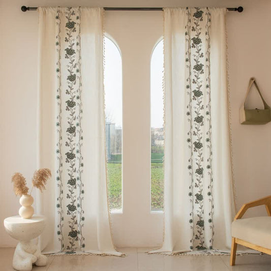 Ownkoti Rose Floral Vine Tassel Curtain - Grey - Grommet - 59" x 110" - image 0