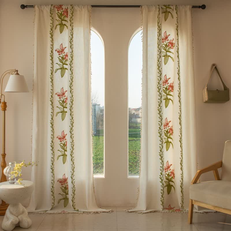 Ownkoti Lily Floral Light  Filtering Curtain with Tassels - Pink - Grommet - 59" x 110" - image 9