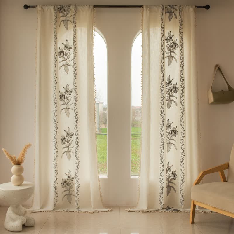 Ownkoti Lily Floral Light  Filtering Curtain with Tassels - Grey - Grommet - 59" x 110" - image 0