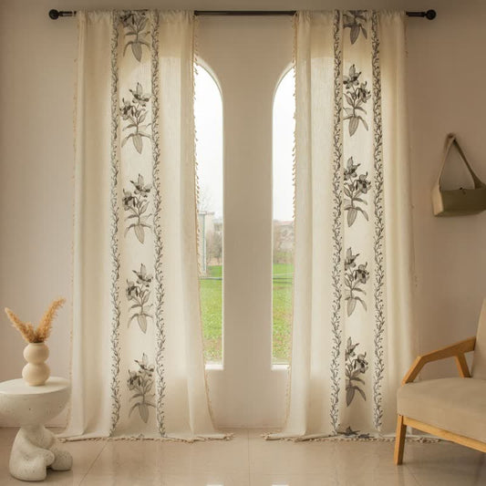 Ownkoti Lily Floral Light  Filtering Curtain with Tassels - Grey - Grommet - 59" x 110" - image 0