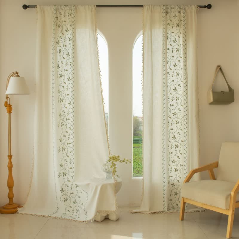 Ownkoti Botanical Floral Light Filtering Curtain with Tassels - Green - Grommet - 59" x 110" - image 1