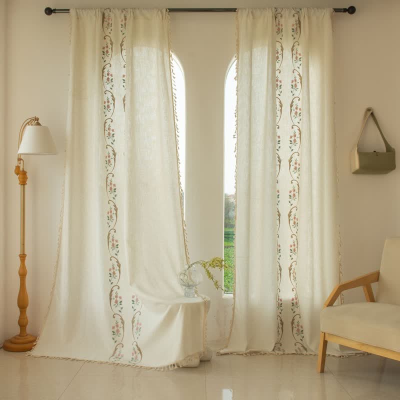 Ownkoti Orchid Floral Light Filtering Curtain with Tassels - Pink - Grommet - 55" x 110" - image 0