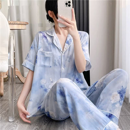Ownkoti Blue Watercolor Floral Silky Loungewear Set - image 3