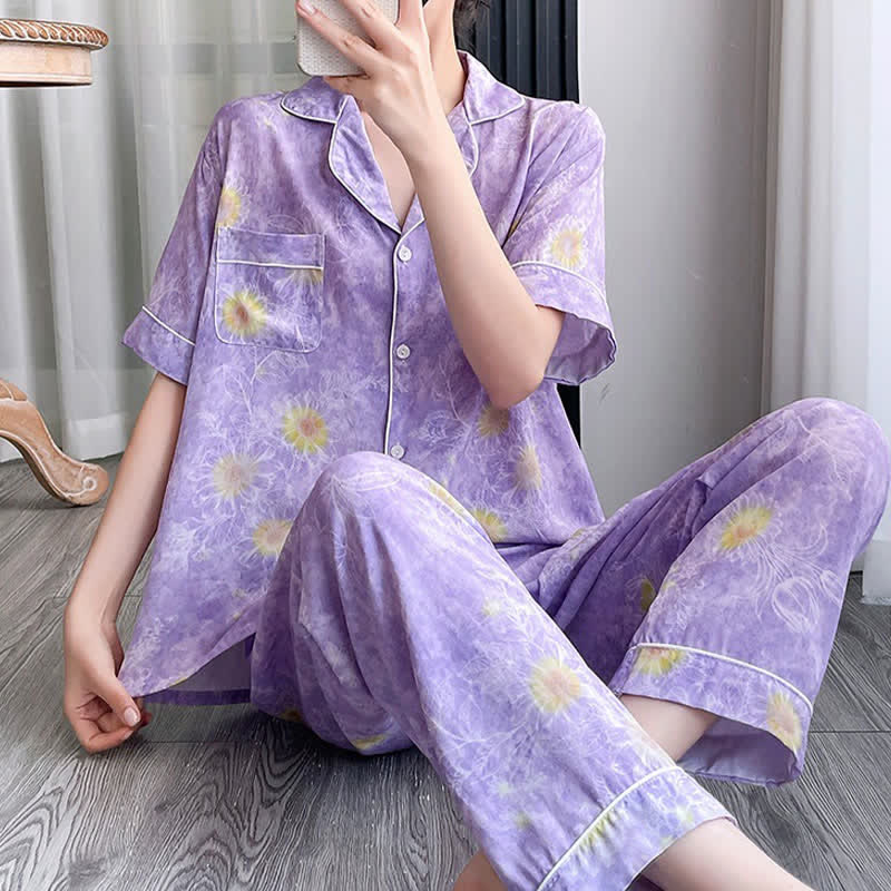 Ownkoti Artistic Style Sunflower Silky Loungewear Set - image 4