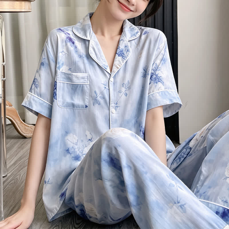 Ownkoti Blue Watercolor Floral Silky Loungewear Set - image 4