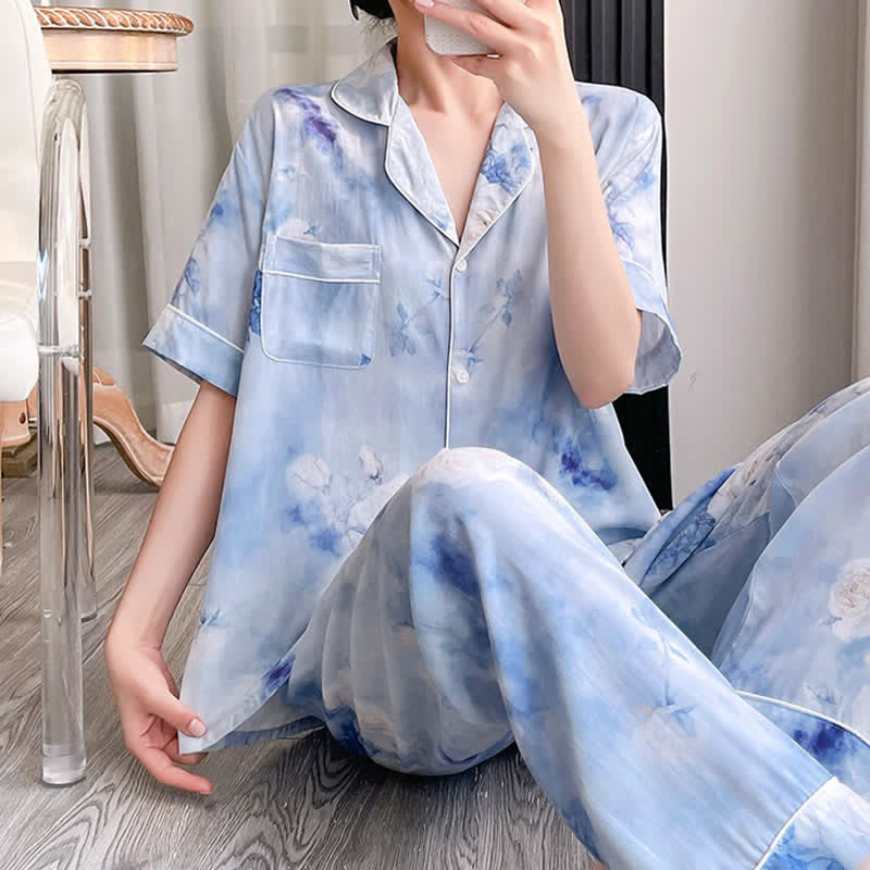 Ownkoti Blue Watercolor Floral Silky Loungewear Set - image 5