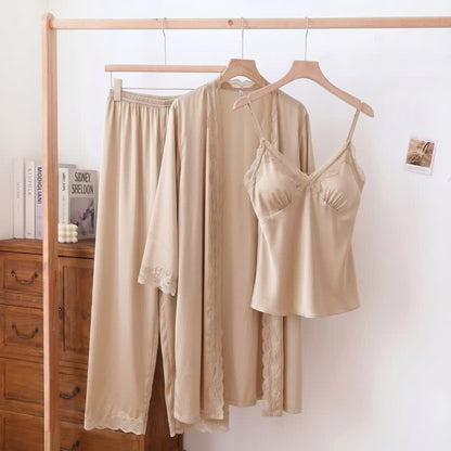 Ownkoti Elegant Silky Lace Trim Loungewear Set(3PCS) - Champagne - XL - image 9