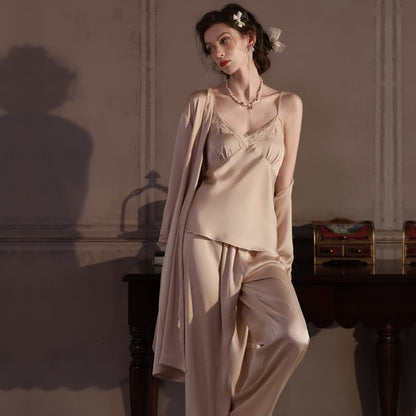 Ownkoti Elegant Silky Lace Trim Loungewear Set(3PCS) - image 11