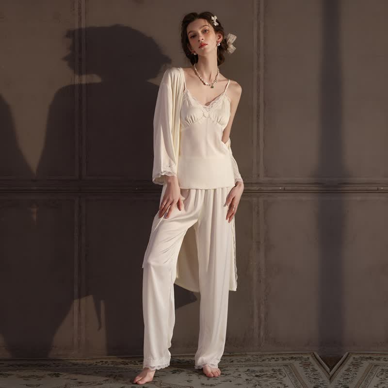 Ownkoti Elegant Silky Lace Trim Loungewear Set(3PCS) - image 7