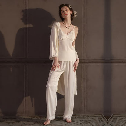 Ownkoti Elegant Silky Lace Trim Loungewear Set(3PCS) - image 7