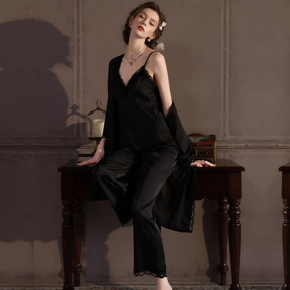 Ownkoti Elegant Silky Lace Trim Loungewear Set(3PCS) - image 5