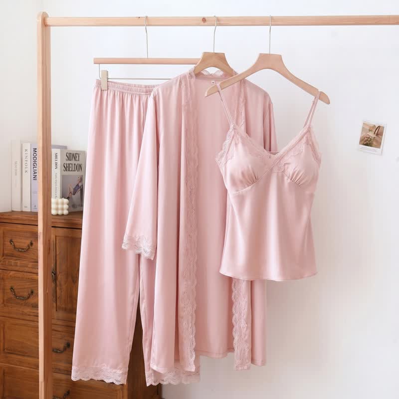 Ownkoti Elegant Silky Lace Trim Loungewear Set(3PCS) - Pink - XL - image 0