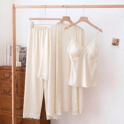 Ownkoti Elegant Silky Lace Trim Loungewear Set(3PCS) - Beige - XL - image 6