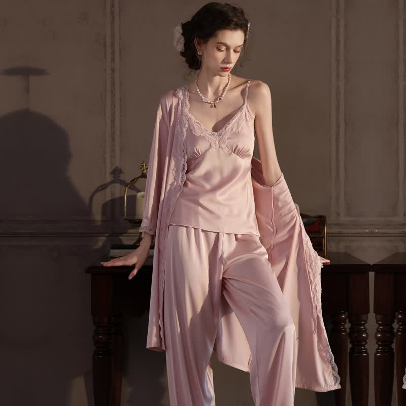 Ownkoti Elegant Silky Lace Trim Loungewear Set(3PCS) - image 2