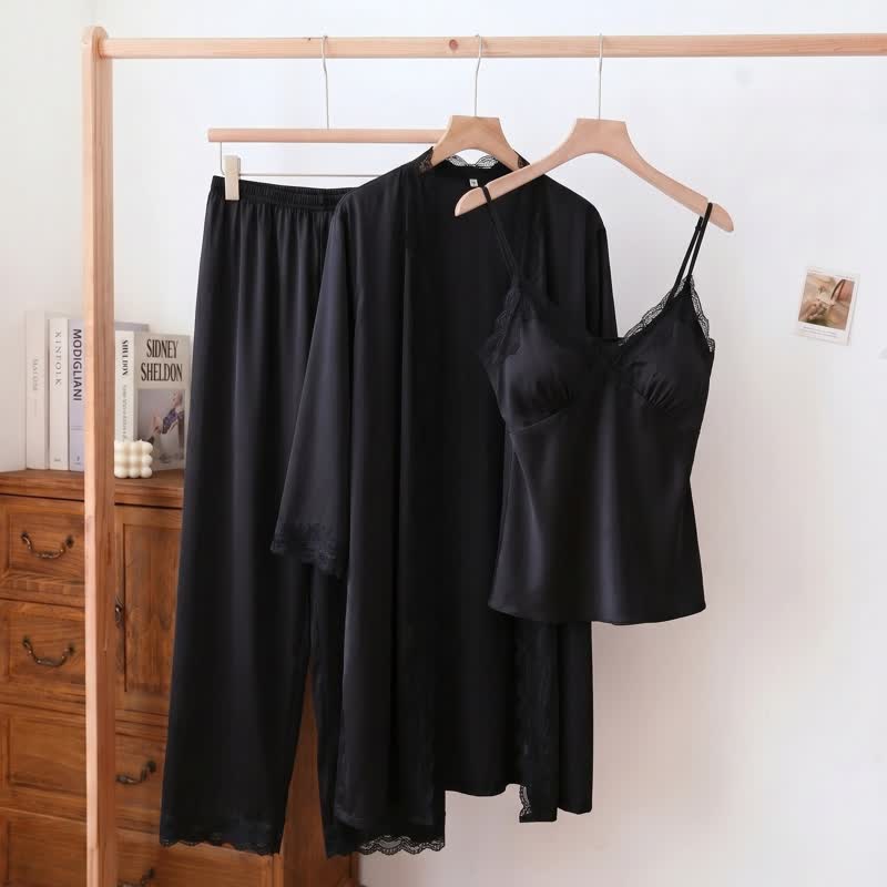 Ownkoti Elegant Silky Lace Trim Loungewear Set(3PCS) - Black - XL - image 3