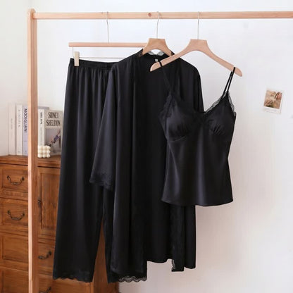 Ownkoti Elegant Silky Lace Trim Loungewear Set(3PCS) - Black - XL - image 3