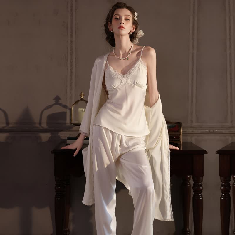 Ownkoti Elegant Silky Lace Trim Loungewear Set(3PCS) - image 8