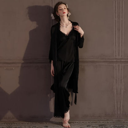 Ownkoti Elegant Silky Lace Trim Loungewear Set(3PCS) - image 4