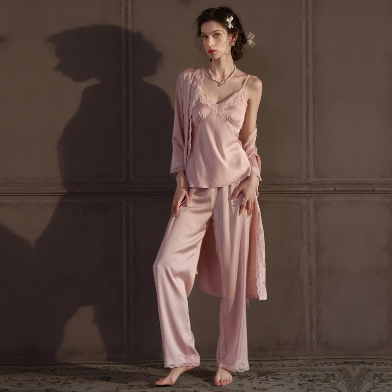 Ownkoti Elegant Silky Lace Trim Loungewear Set(3PCS) - image 1