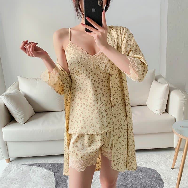 Ownkoti Leopard Lace Trim Cami Shorts Robe Set - image 10