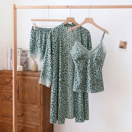 Ownkoti Leopard Lace Trim Cami Shorts Robe Set - Blue - 2XL - image 0