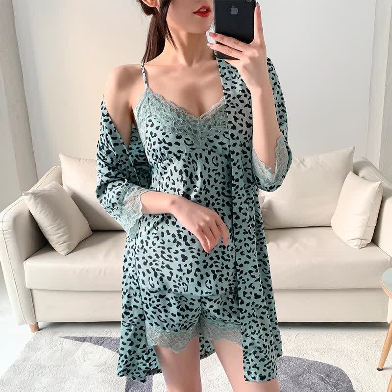 Ownkoti Leopard Lace Trim Cami Shorts Robe Set - image 1