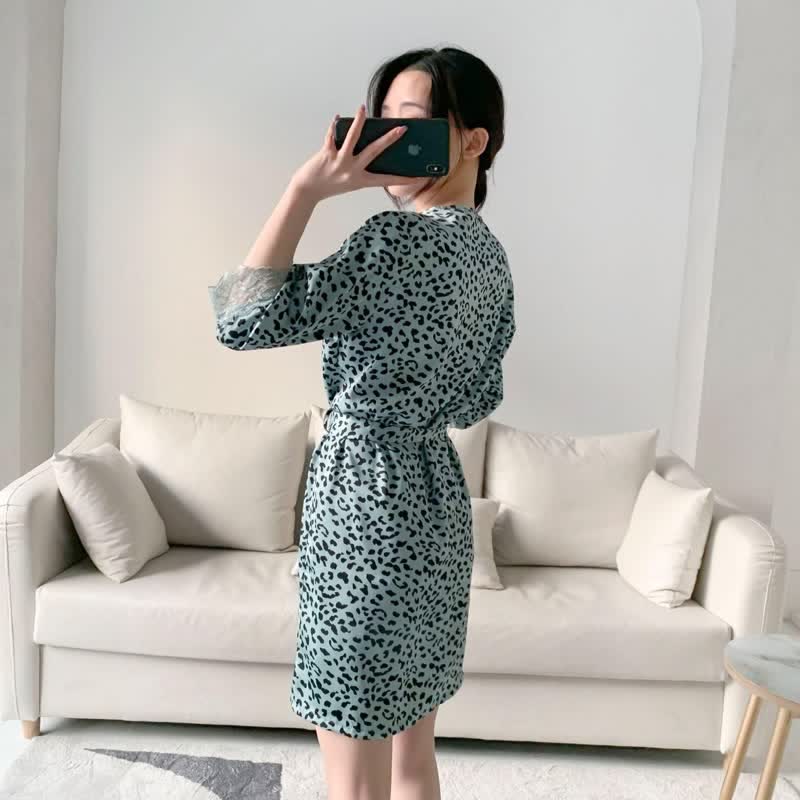 Ownkoti Leopard Lace Trim Cami Shorts Robe Set - image 5