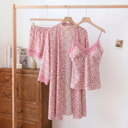 Ownkoti Leopard Lace Trim Cami Shorts Robe Set - Pink - 2XL - image 8