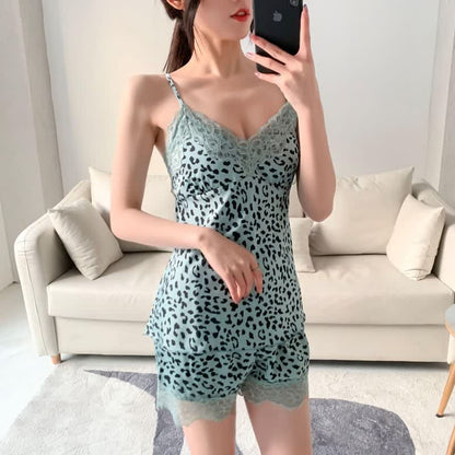 Ownkoti Leopard Lace Trim Cami Shorts Robe Set - image 7