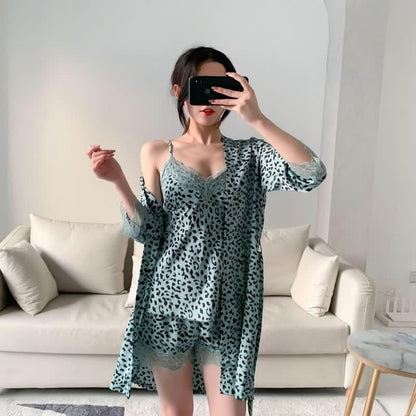 Ownkoti Leopard Lace Trim Cami Shorts Robe Set - image 3