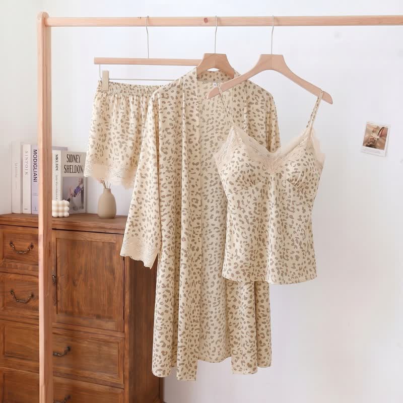 Ownkoti Leopard Lace Trim Cami Shorts Robe Set - Beige - 2XL - image 9