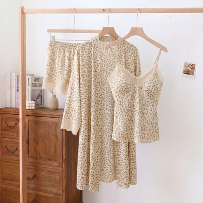 Ownkoti Leopard Lace Trim Cami Shorts Robe Set - Beige - 2XL - image 9