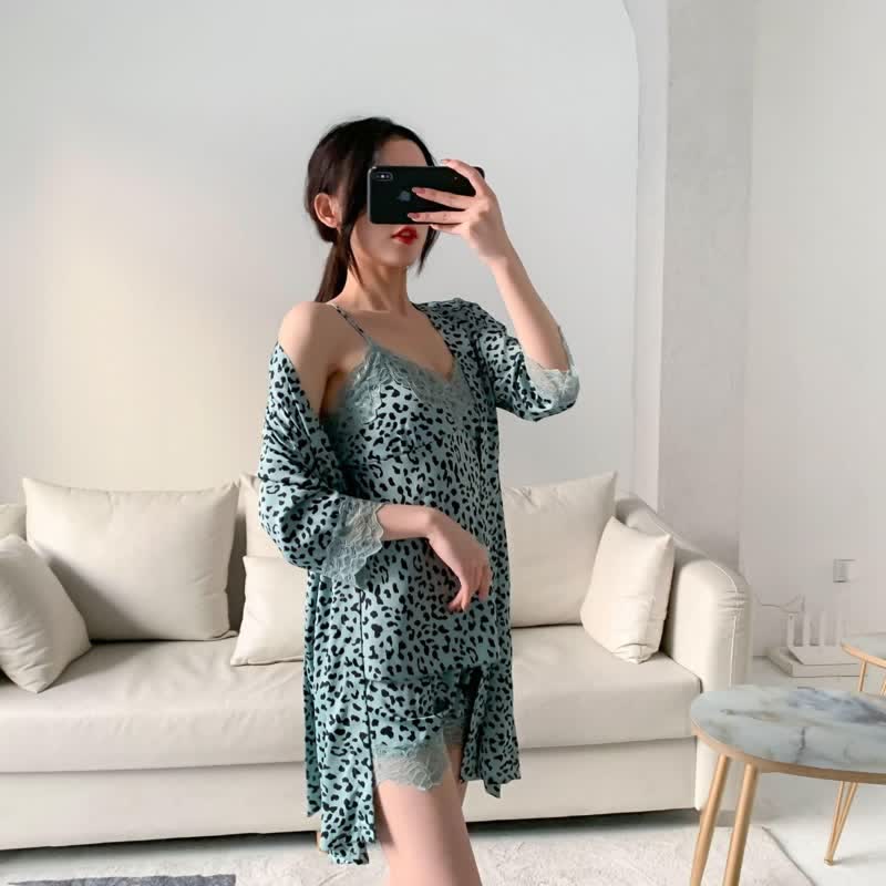 Ownkoti Leopard Lace Trim Cami Shorts Robe Set - image 4