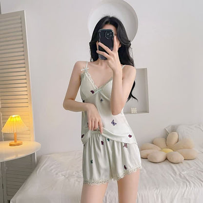 Ownkoti Butterfly Silky Lace Trim Cami Pajama Set - Green - Cami & Shorts - XL - image 13