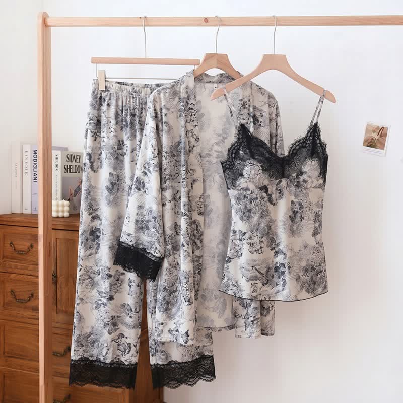 Ownkoti Elegant Black Floral Lace Camisole Robe Set(3PCS) - White - XL - image 0