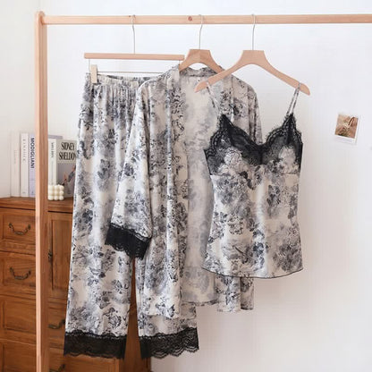 Ownkoti Elegant Black Floral Lace Camisole Robe Set(3PCS) - White - XL - image 0