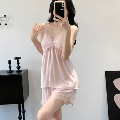 Ownkoti Elegant Lace Trim Loungewear Set - Pink - Cami & Shorts - XXL - image 14