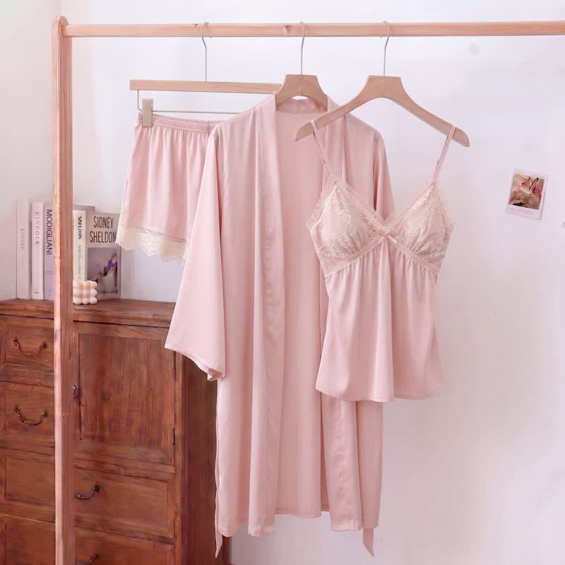 Ownkoti Elegant Lace Trim Loungewear Set - Pink - Cami & Shorts & Robe - XXL - image 12