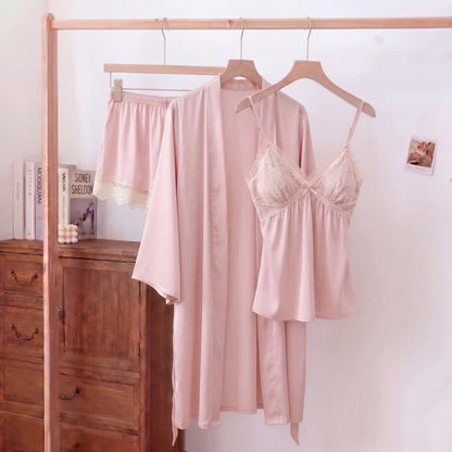 Ownkoti Elegant Lace Trim Loungewear Set - Pink - Cami & Shorts & Robe - XXL - image 12
