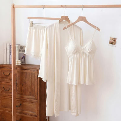 Ownkoti Elegant Lace Trim Loungewear Set - White - Cami & Shorts & Robe - XXL - image 0