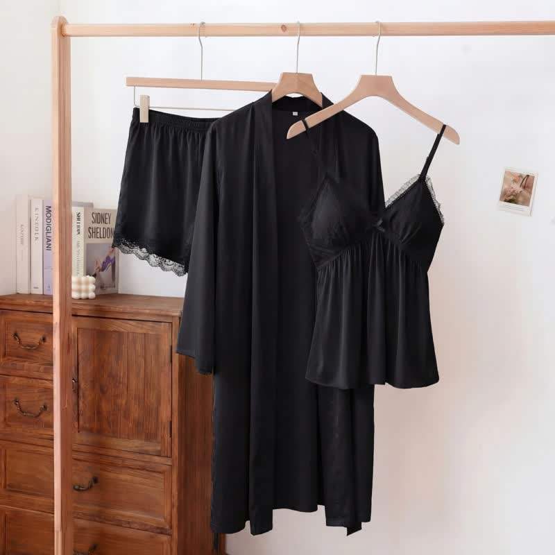 Ownkoti Elegant Lace Trim Loungewear Set - Black - Cami & Shorts & Robe - XXL - image 6
