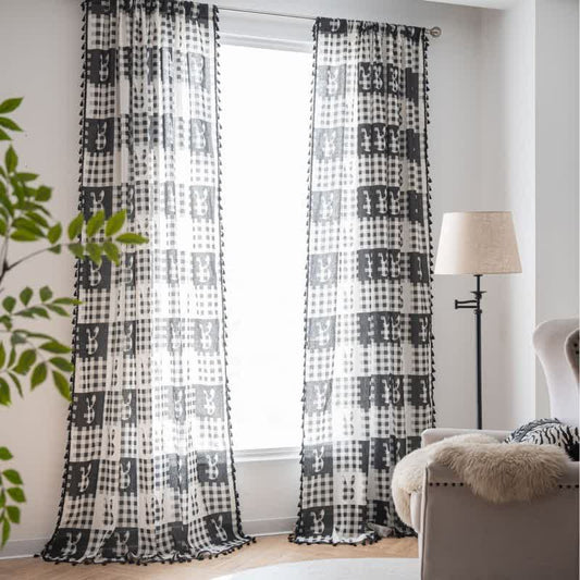 Ownkoti Rustic Bunny & Plaid Curtain with Tassel - Grommet - 59" x 118" - image 0