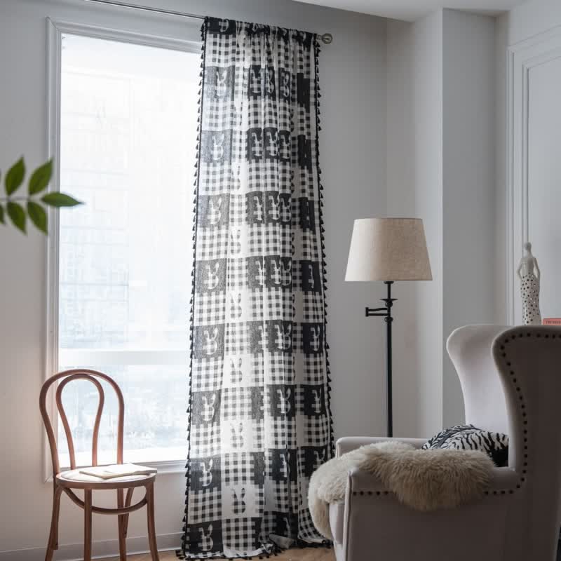 Ownkoti Rustic Bunny & Plaid Curtain with Tassel - image 2
